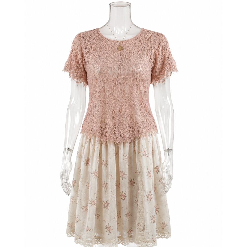 Cottagecore Romantic Dusty Rose Lace Blouse Coquette Scalloped Hem Coquette M